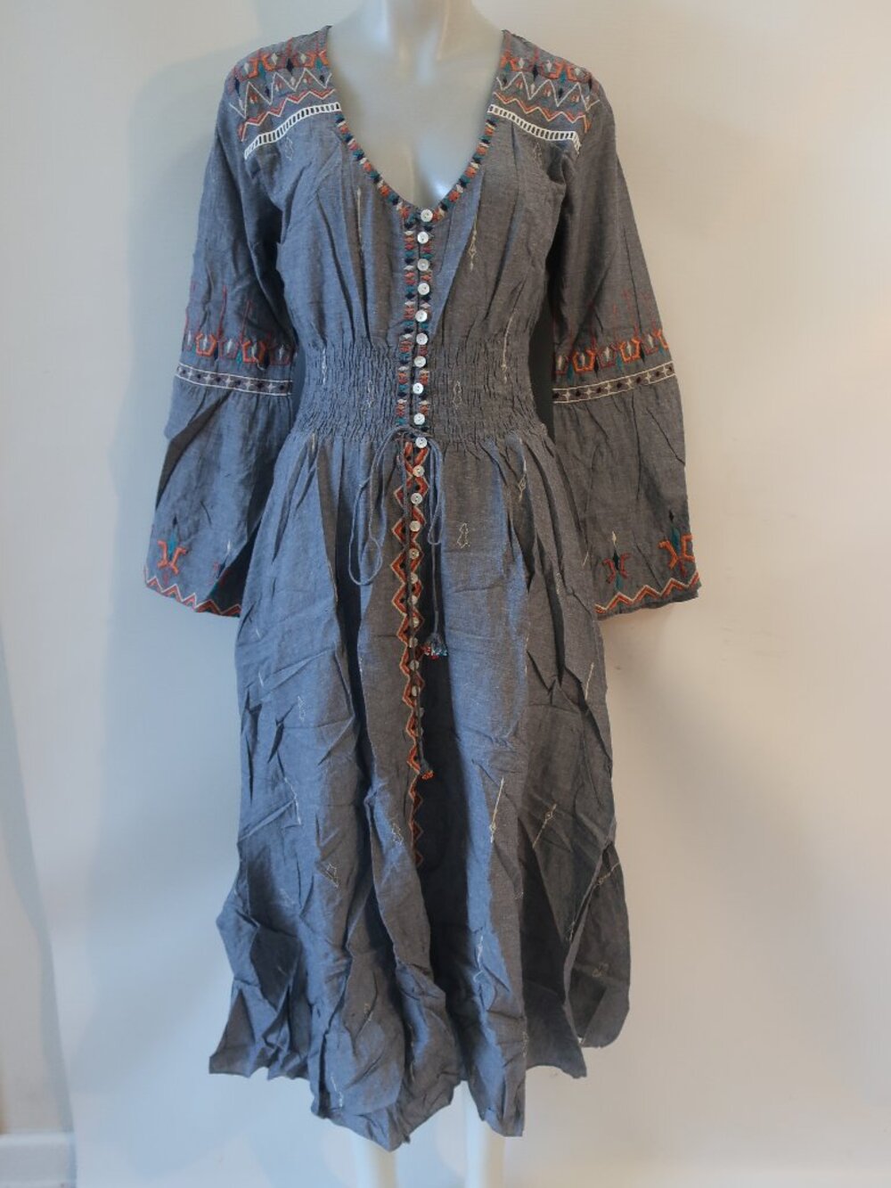 NWT Womens Tina Demel Grey Multicolor (Item- 78) Embroidered Maxi Dress M